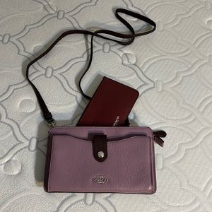 Coach purple and pink crossbody bag and wallet set